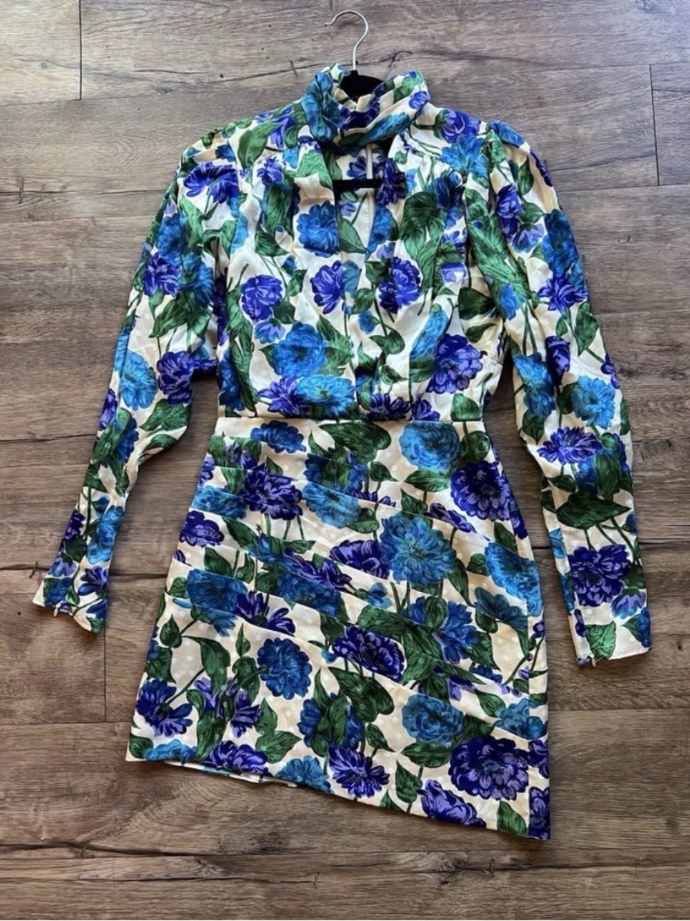 Ronny Kobo Satin‎ Mockneck Mini Dress Small Floral Asymmetrical